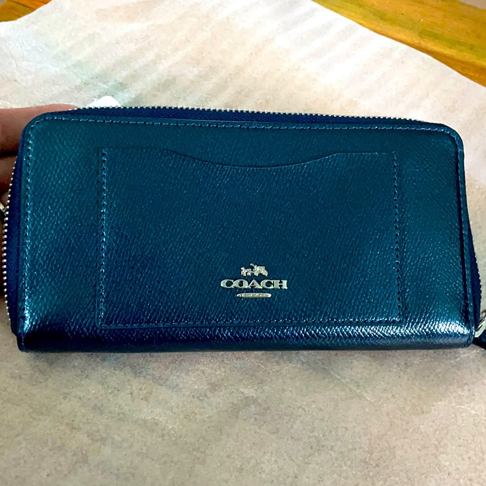 Coach wallet, metallic midnight blue leather